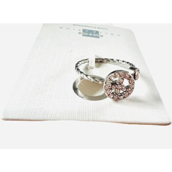 New Womens One Way Collective Peace Sign Silver & Rhinestone Wrap Ring - Sz 8 - Picture 2 of 2